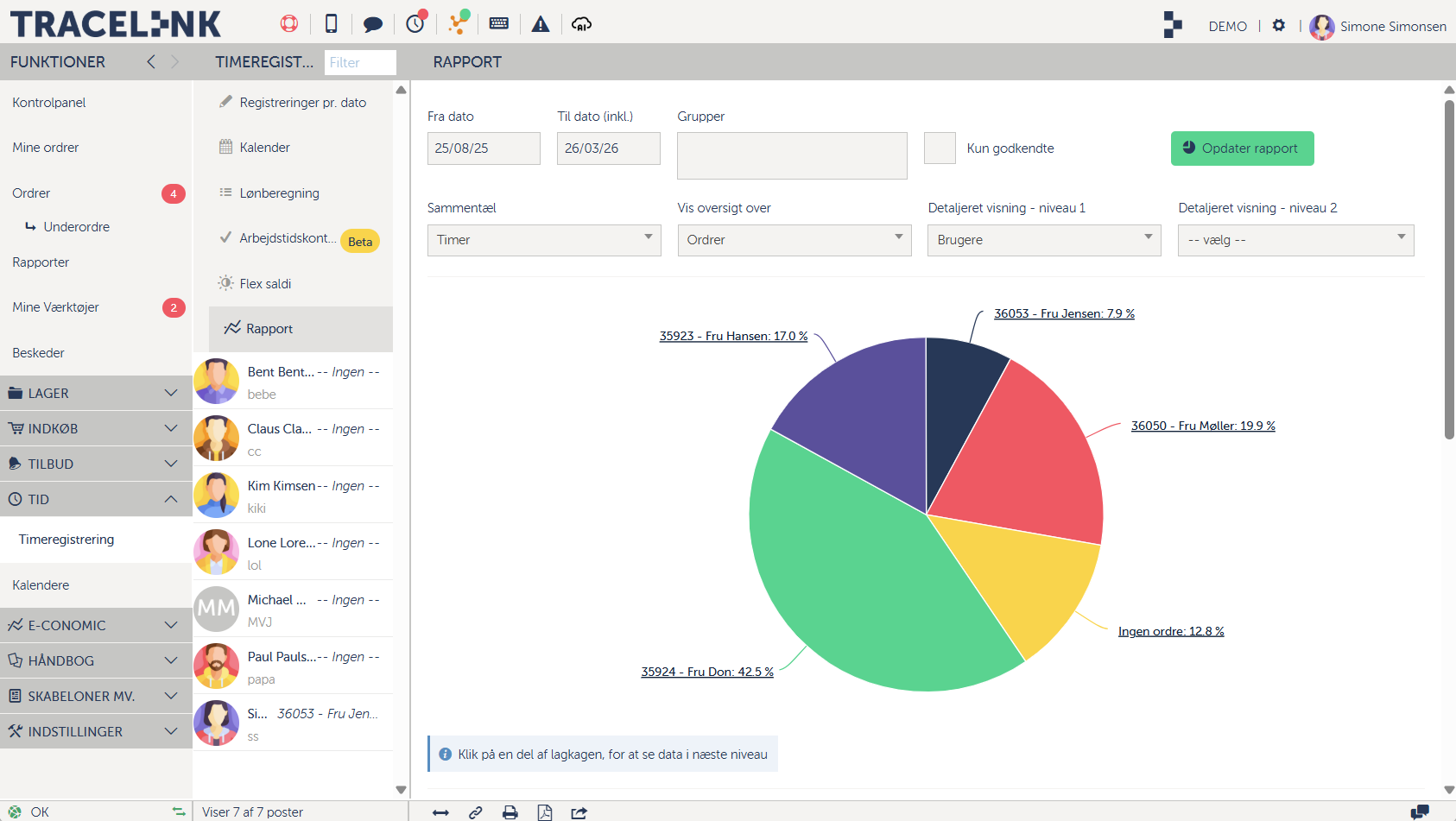 Et skærmbillede af Tracelinks timeregistrering på desktop.