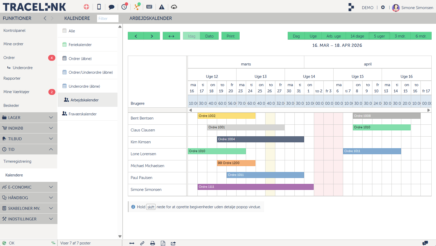 Her er et skærmbillede af Tracelinks arbejdskalender.