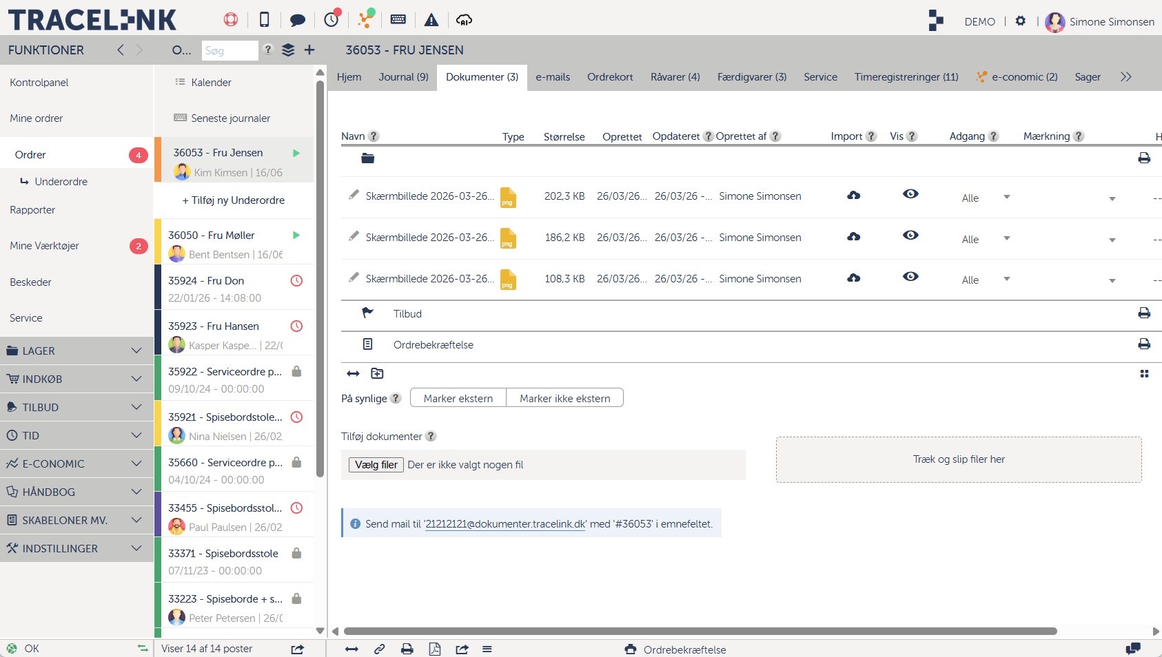 Et skærmbillede af Tracelinks dokumentfunktion på desktop.
