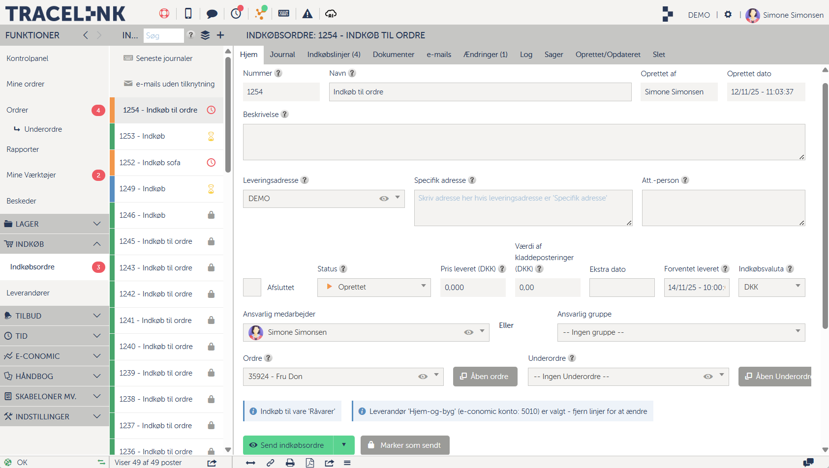 Et screenshot af Tracelinks indkøbsmodul.